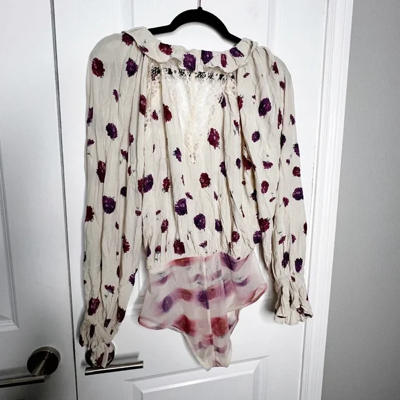Free People Floral Poppy Printed Bodysuit Ruffle lace Cream Size S Pink - Picture 4 of 14